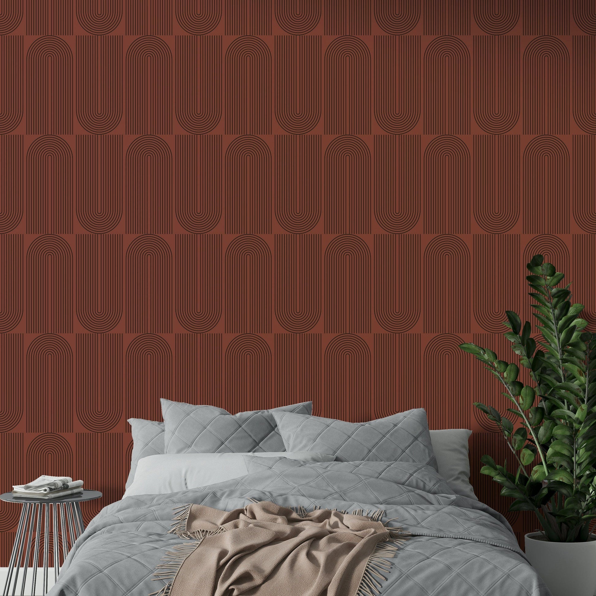Earthy clay tones with repeating curve art wallpaper.
