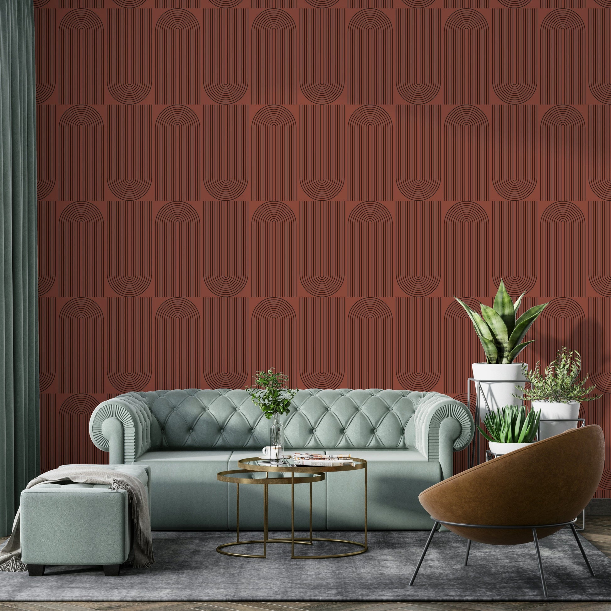 Modern chocolate U-shaped geometric print wallpaper.
