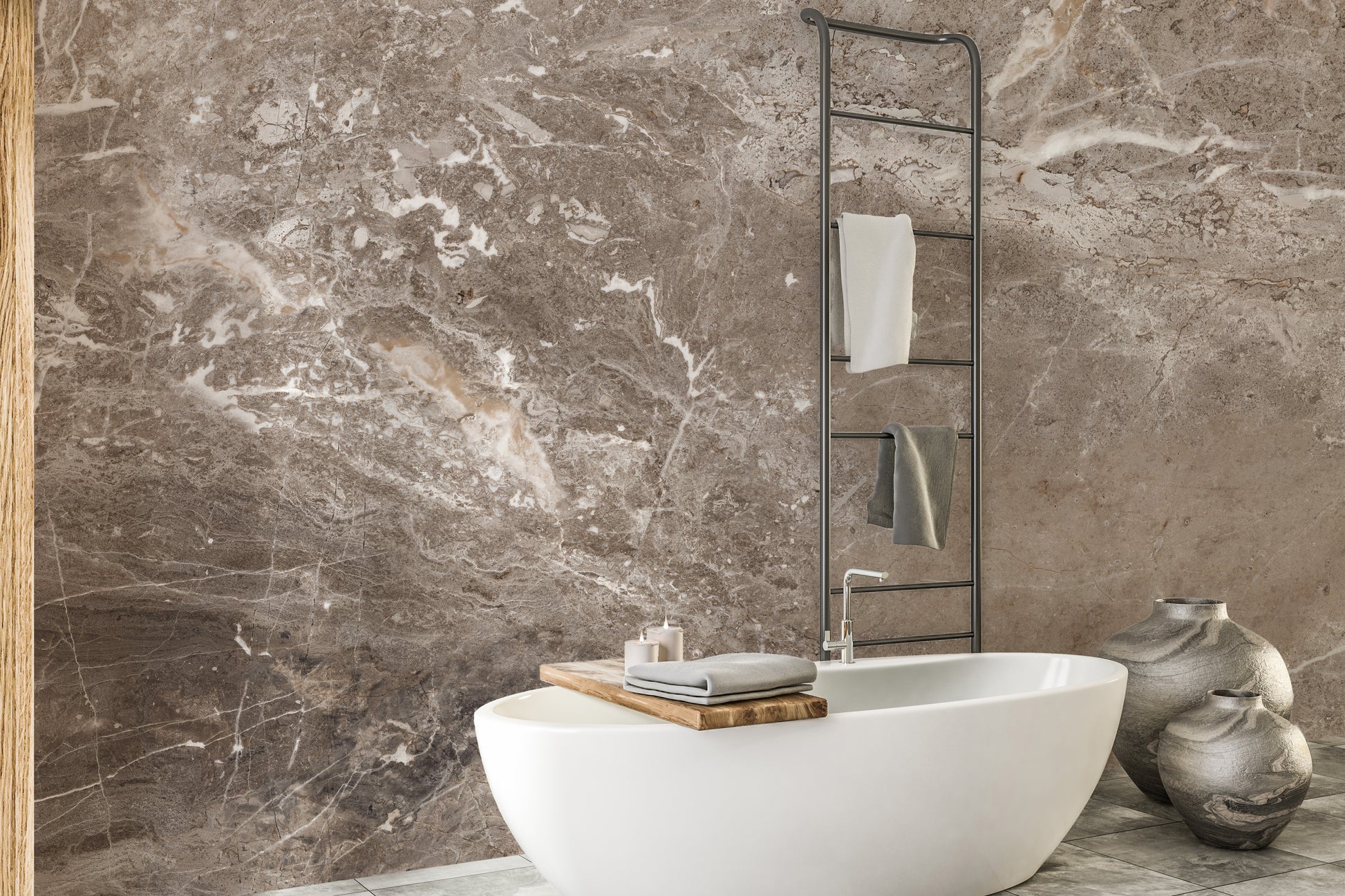 Brown marble textured wallpaper mural styled along a hallway feature wall near a console in brown tones