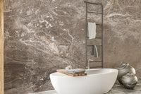Brown marble textured wallpaper mural styled along a hallway feature wall near a console in brown tones