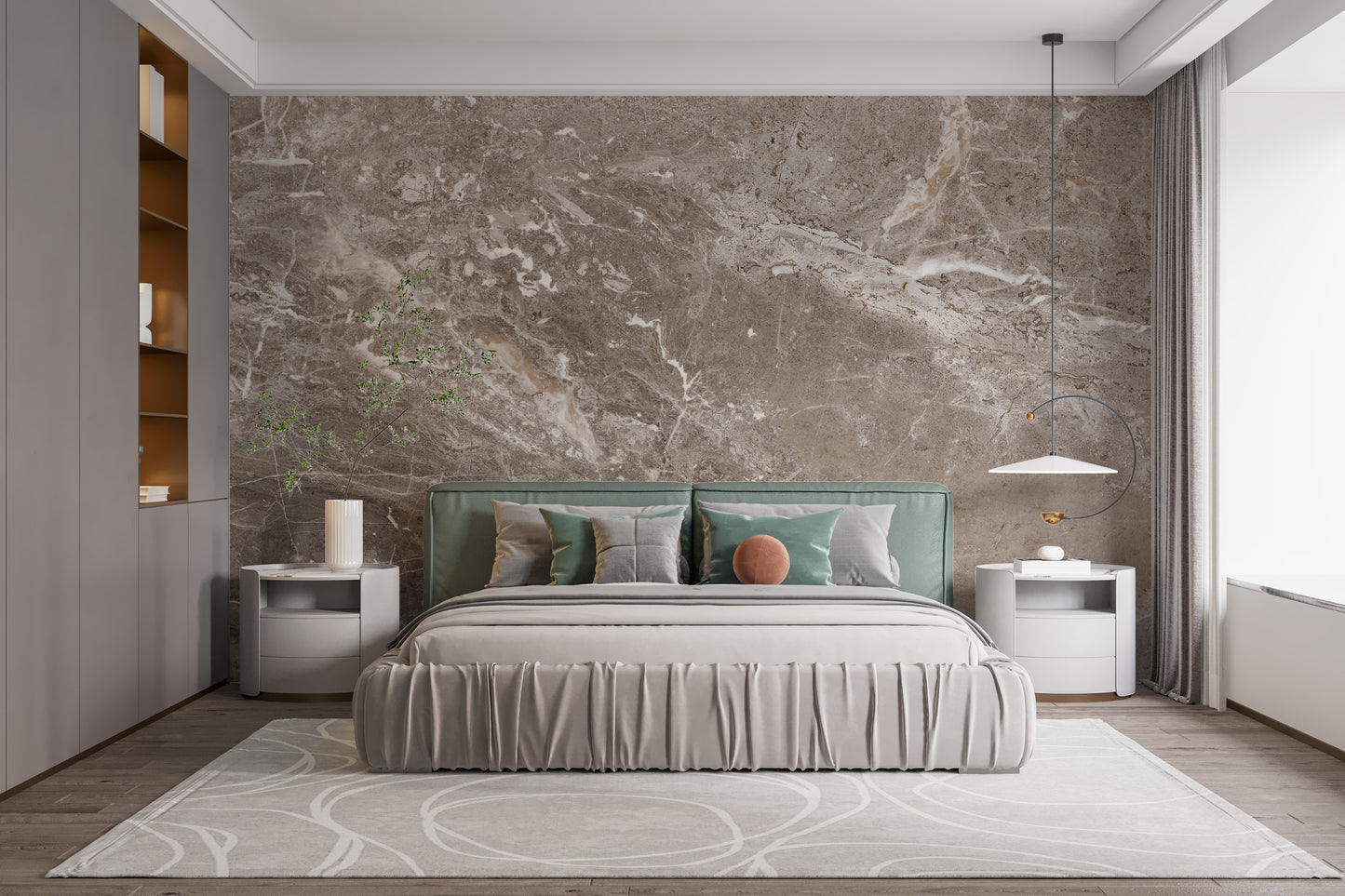 Brown marble textured wallpaper mural as a feature wall in a home office workspace in brown tones