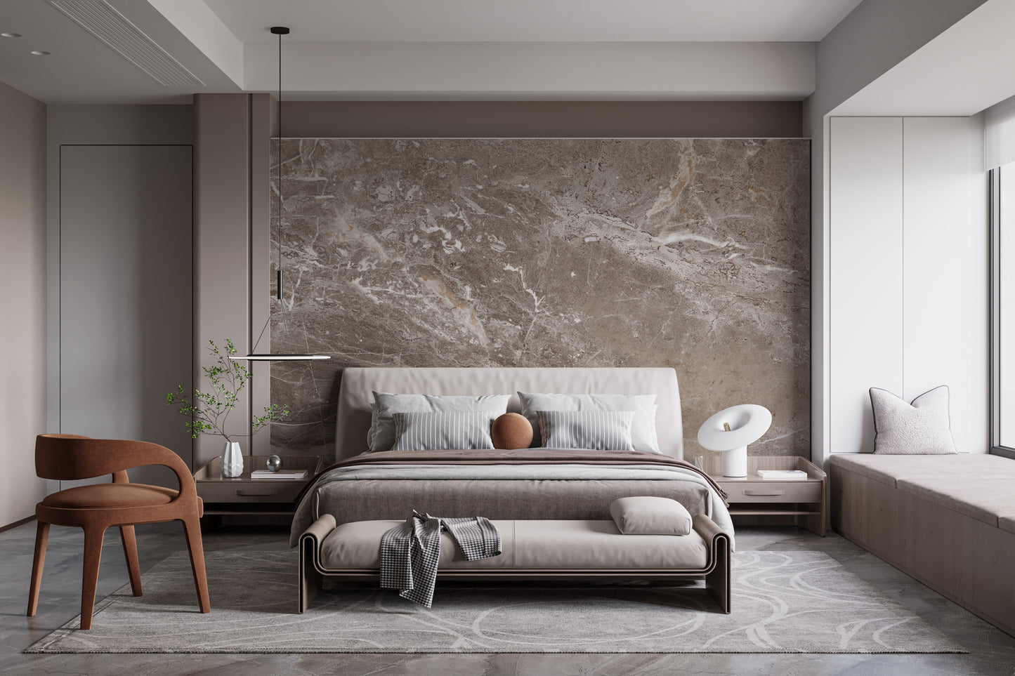 Brown marble textured wallpaper mural styled as a feature wall behind a dining table and chairs in brown tones
