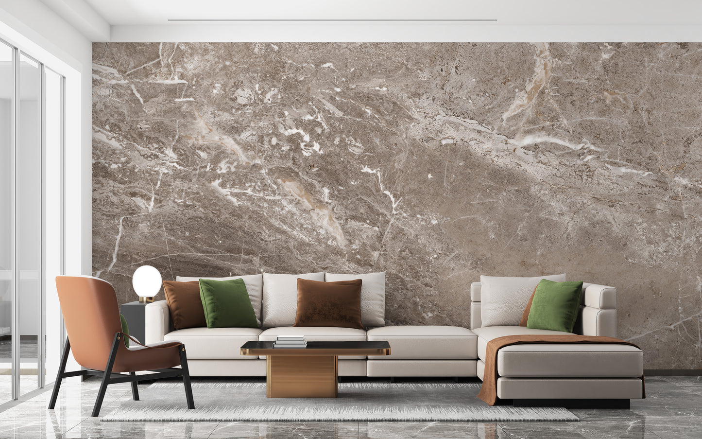 Brown marble textured wallpaper mural as a bedroom feature wall behind the headboard in brown tones