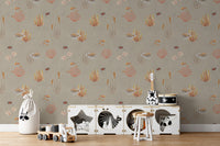 Brown Oceanic Wonders wallpaper behind a white toy cabinet with a guitar and toy drum