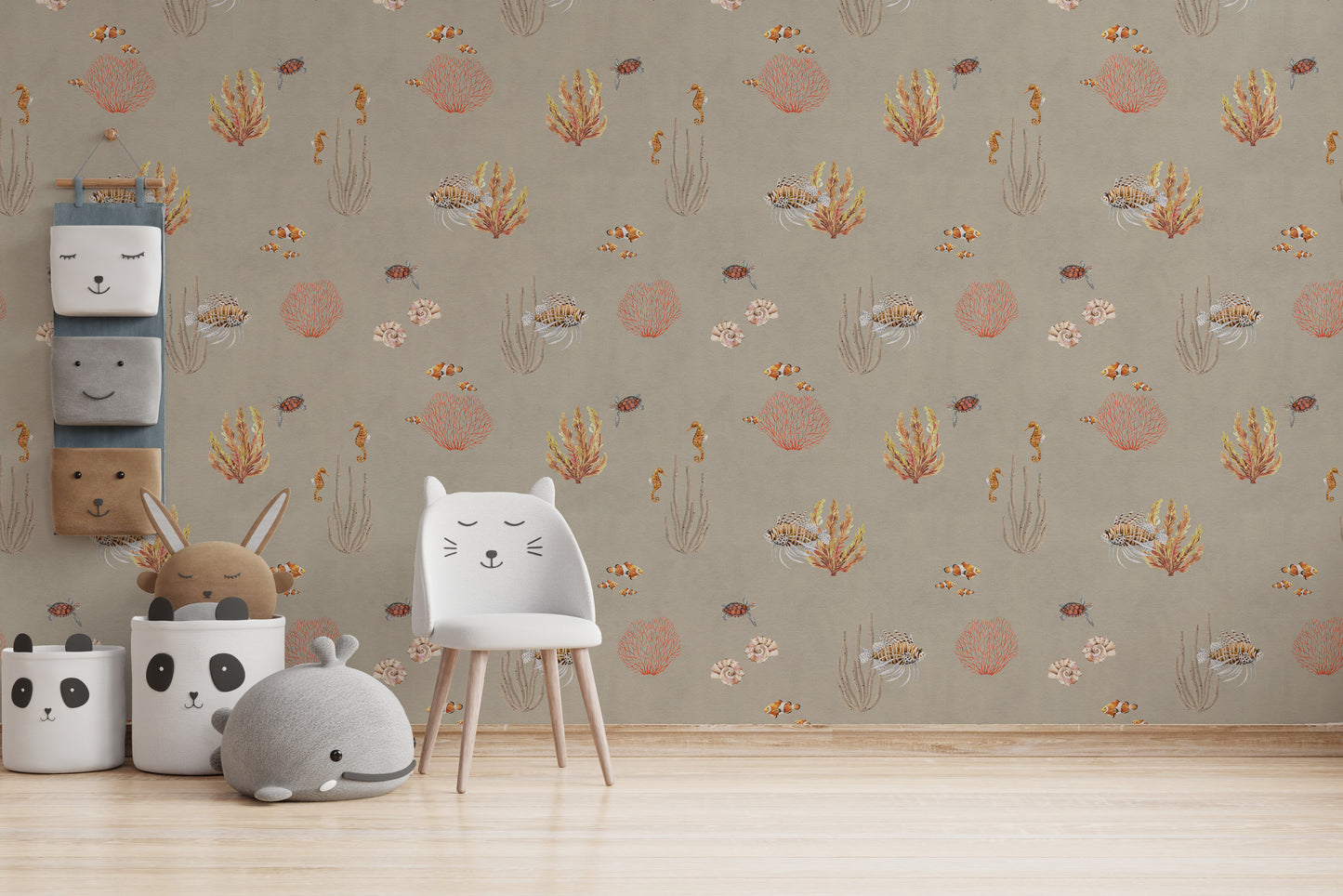 Brown Oceanic Wonders wallpaper behind a white cat chair, panda bins and a gray whale plush