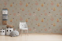 Brown Oceanic Wonders wallpaper behind a white cat chair, panda bins and a gray whale plush