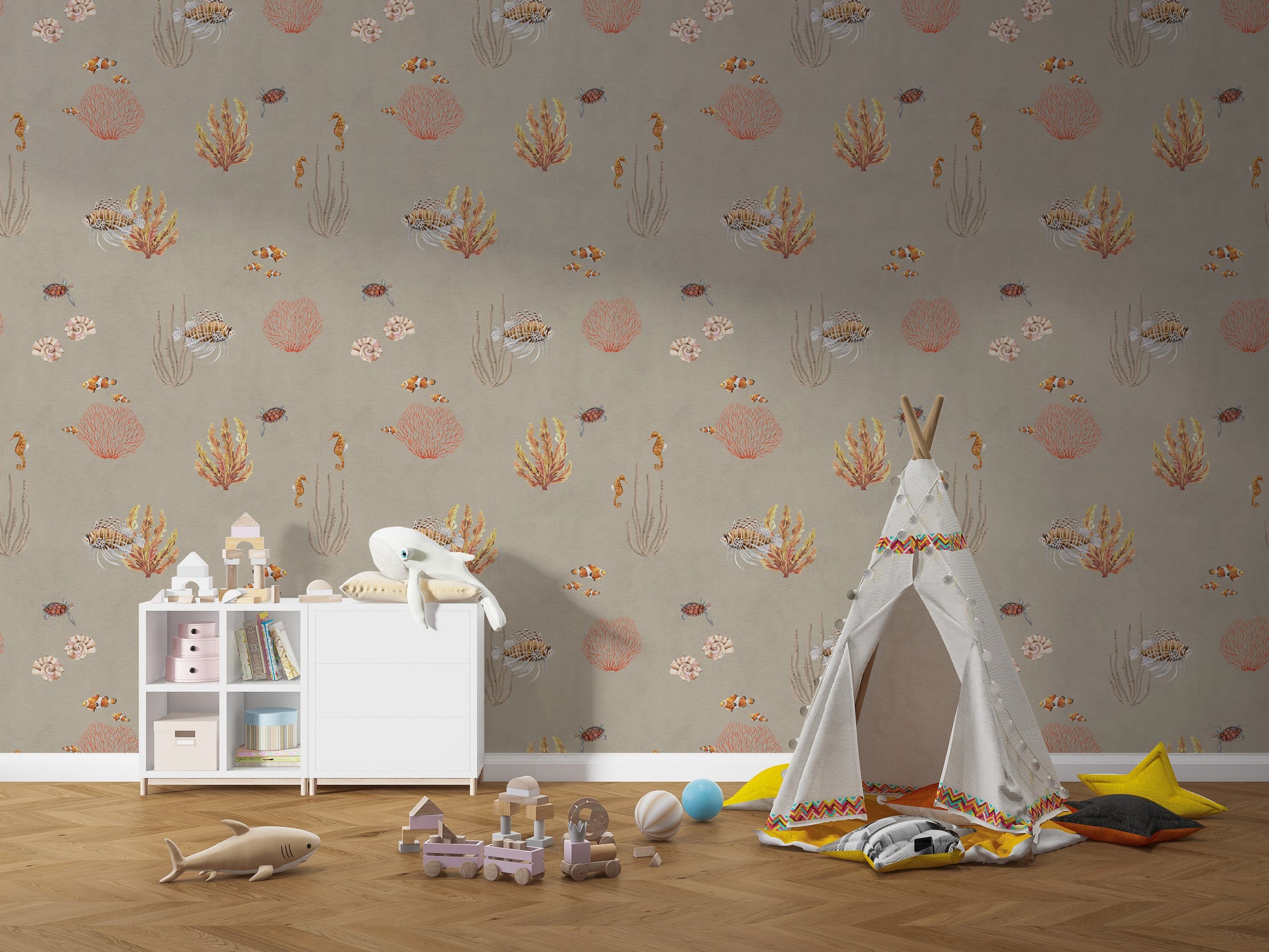 Brown Oceanic Wonders wallpaper beside a white teepee, dresser and wooden shark toy in a kids room