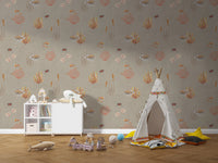 Brown Oceanic Wonders wallpaper beside a white teepee, dresser and wooden shark toy in a kids room