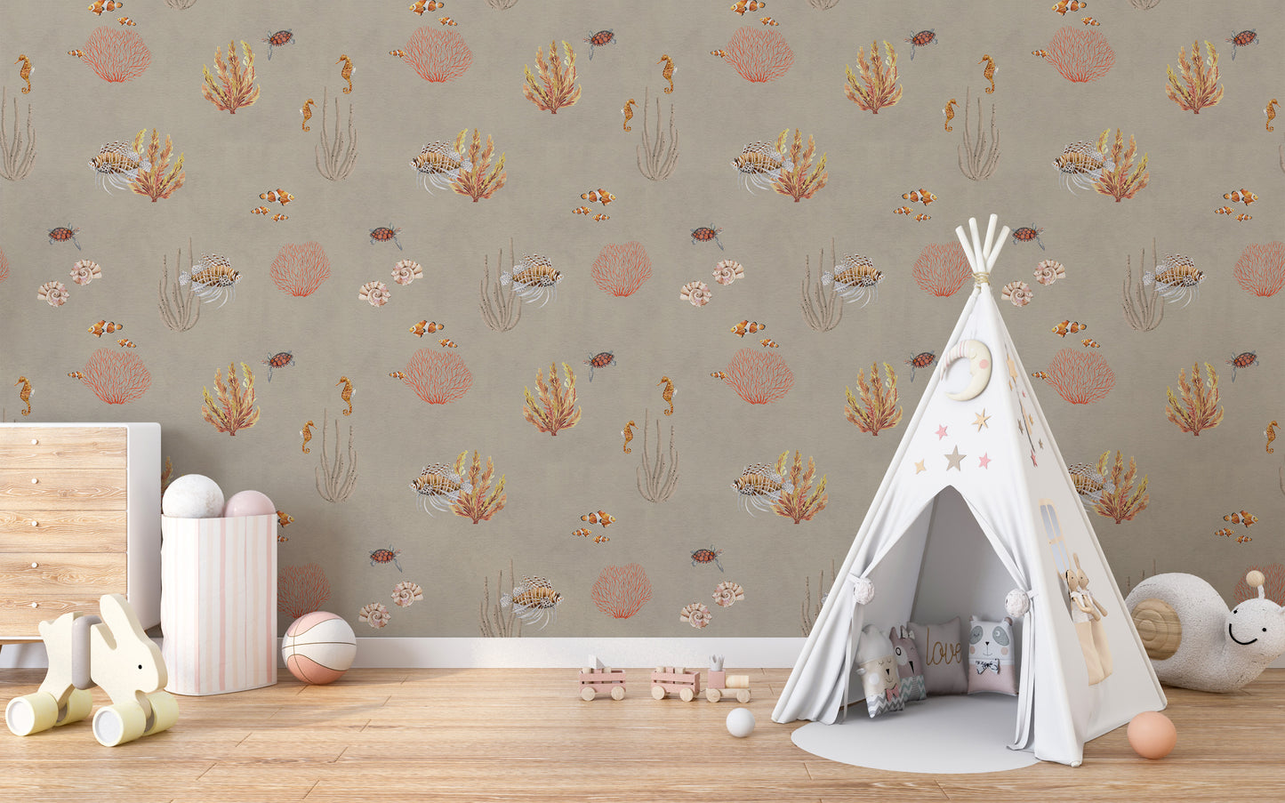 Brown Oceanic Wonders wallpaper with lionfish and coral beside a white teepee in a kids room