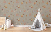 Brown Oceanic Wonders wallpaper with lionfish and coral beside a white teepee in a kids room