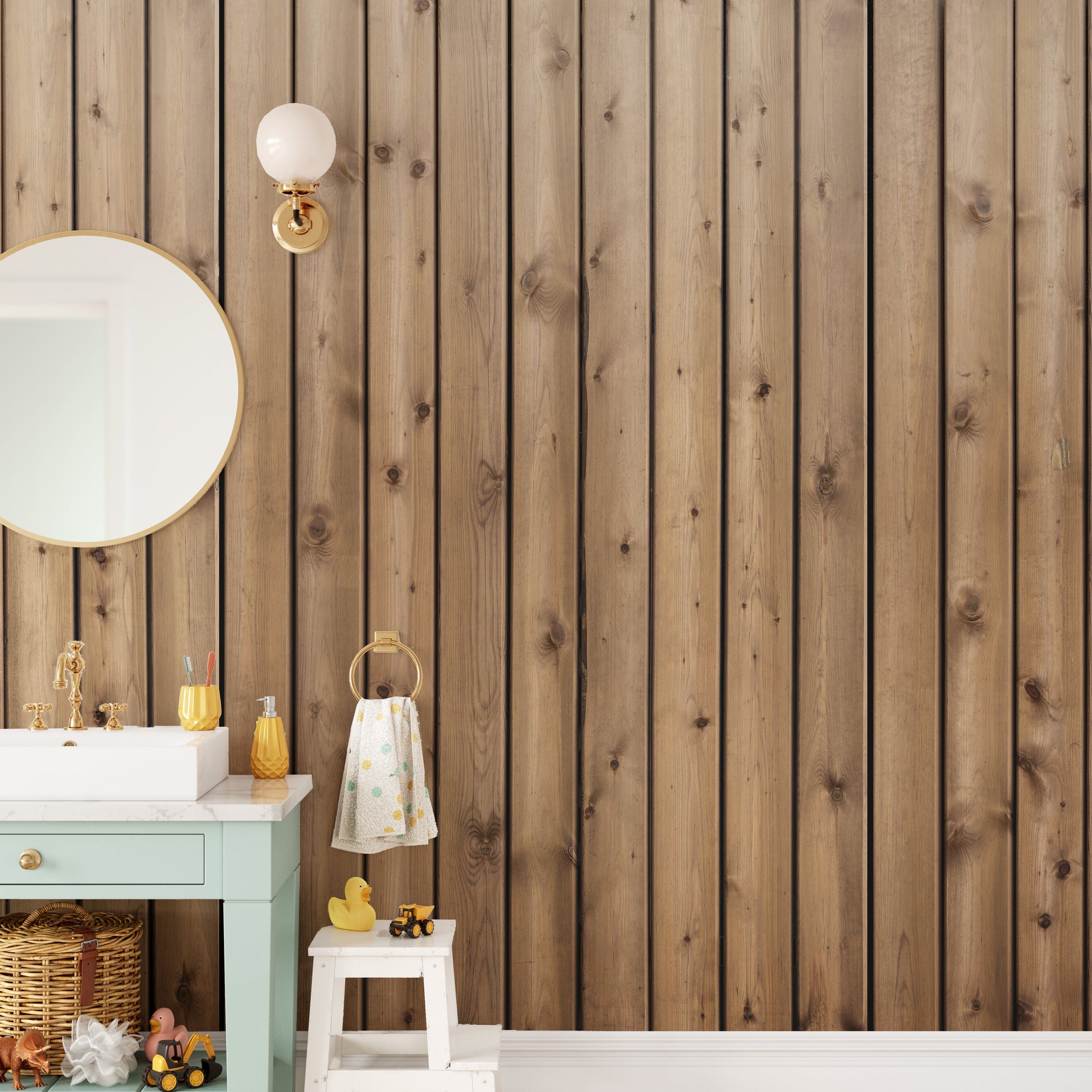 Brown Natural Wooden Striped wallpaper mural styled along a hallway feature wall near a console in brown tones