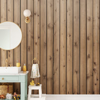 Brown Natural Wooden Striped wallpaper mural styled along a hallway feature wall near a console in brown tones