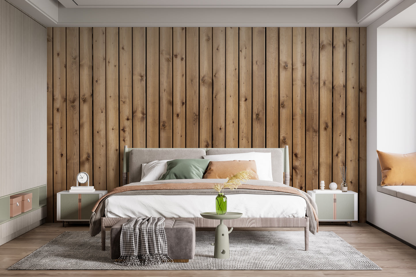 Brown Natural Wooden Striped wallpaper mural as a feature wall in a home office workspace in brown tones