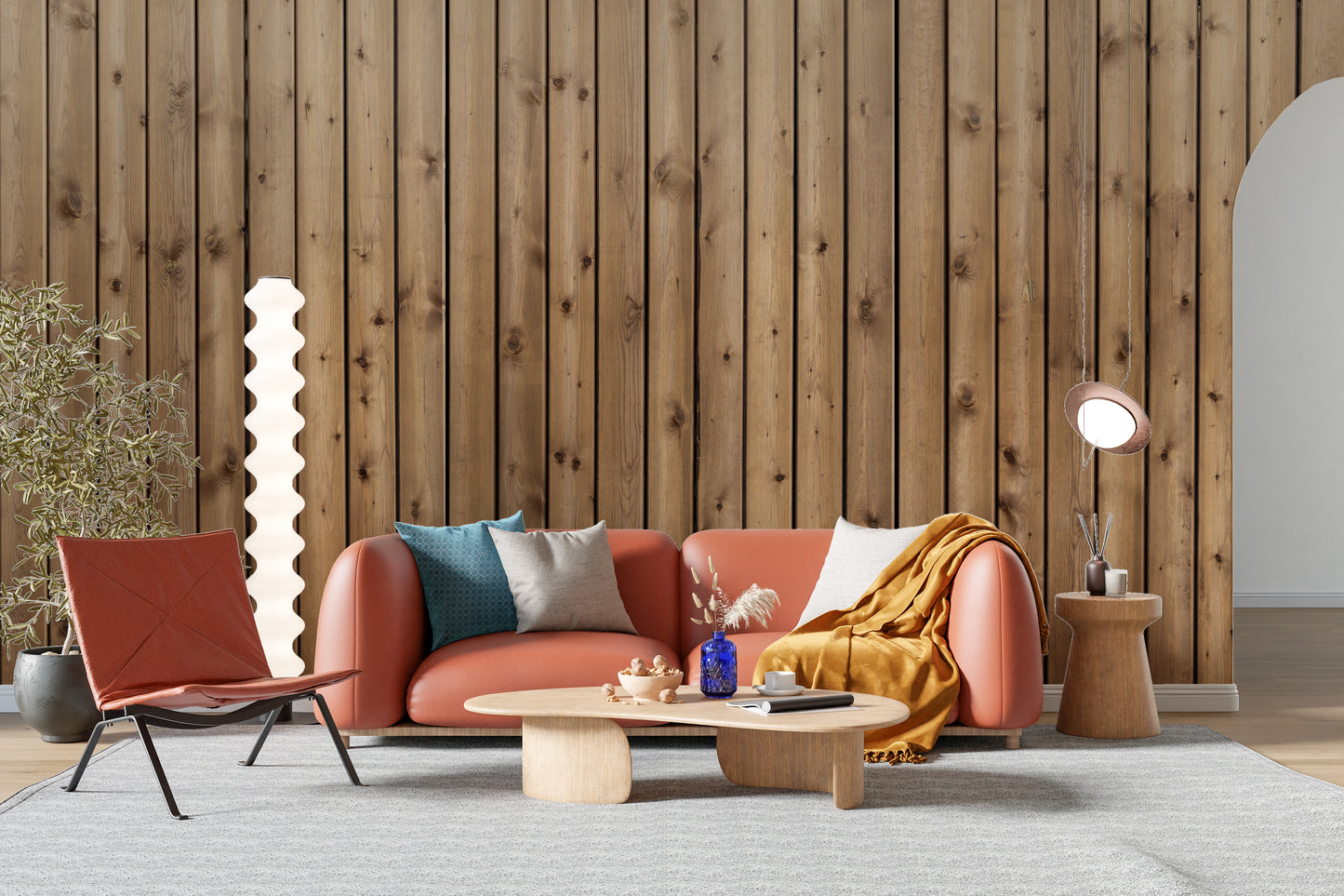 Brown Natural Wooden Striped wallpaper mural styled as a feature wall behind a dining table and chairs in brown tones