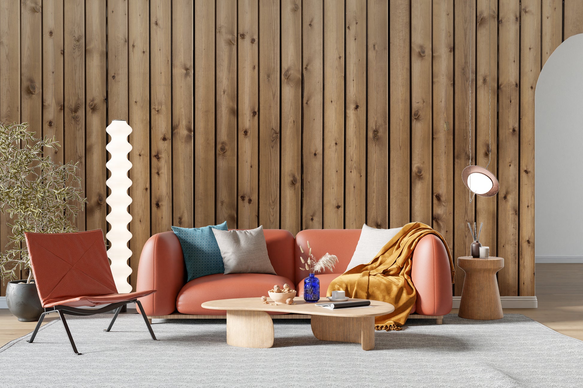 Brown Natural Wooden Striped wallpaper mural styled as a feature wall behind a dining table and chairs in brown tones