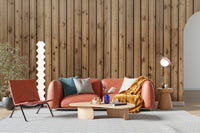 Brown Natural Wooden Striped wallpaper mural styled as a feature wall behind a dining table and chairs in brown tones