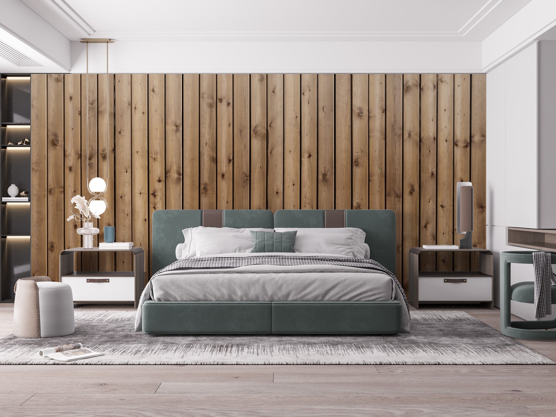 Brown Natural Wooden Striped wallpaper mural as a bedroom feature wall behind the headboard in brown tones