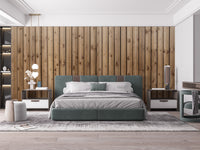 Brown Natural Wooden Striped wallpaper mural as a bedroom feature wall behind the headboard in brown tones
