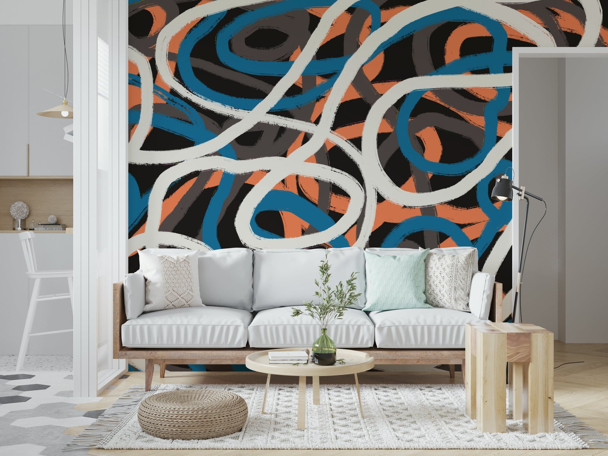 An artistic minimalist form mural for home decor.
