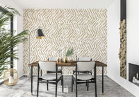 Contemporary wall mural with hand-painted brushstroke weave effect in soft neutral tones.