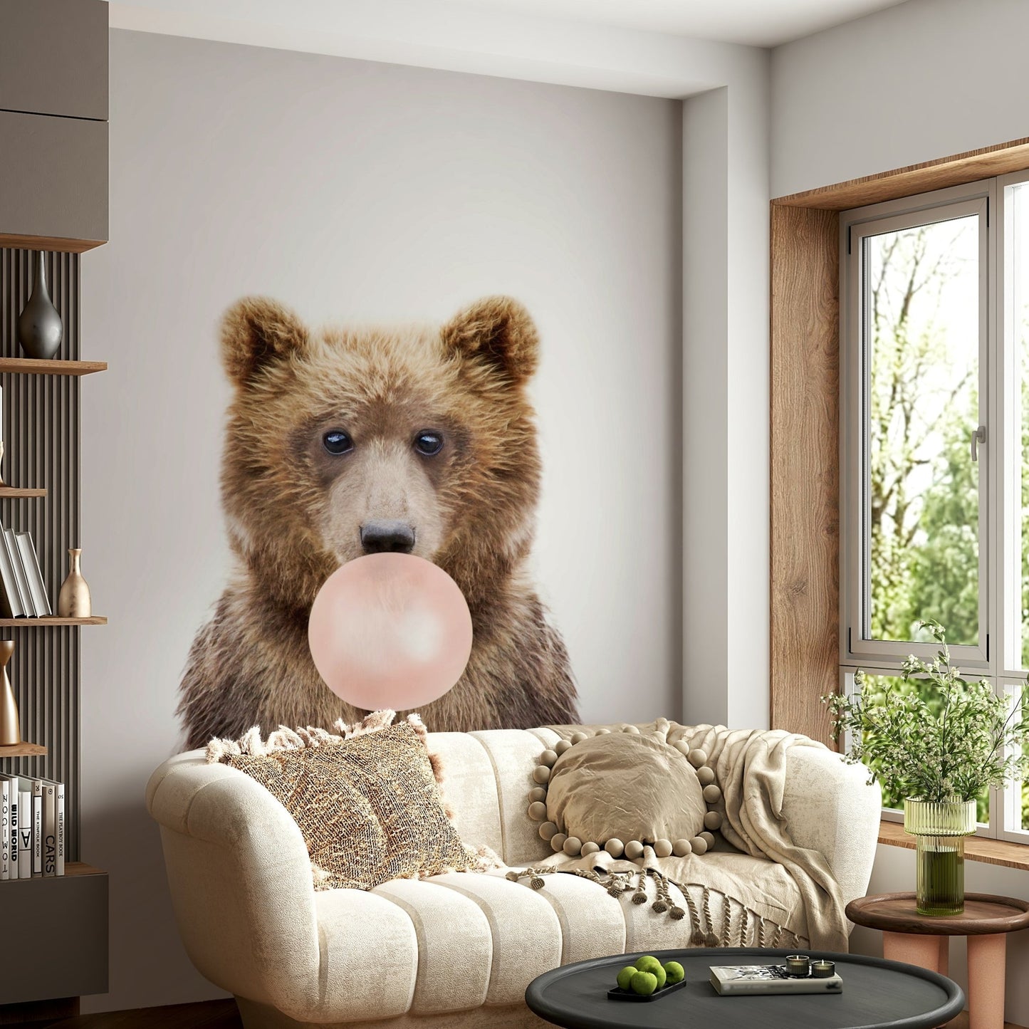 Cheerful Bubble Gum Bear wall mural with pastel-colored bubbles.

