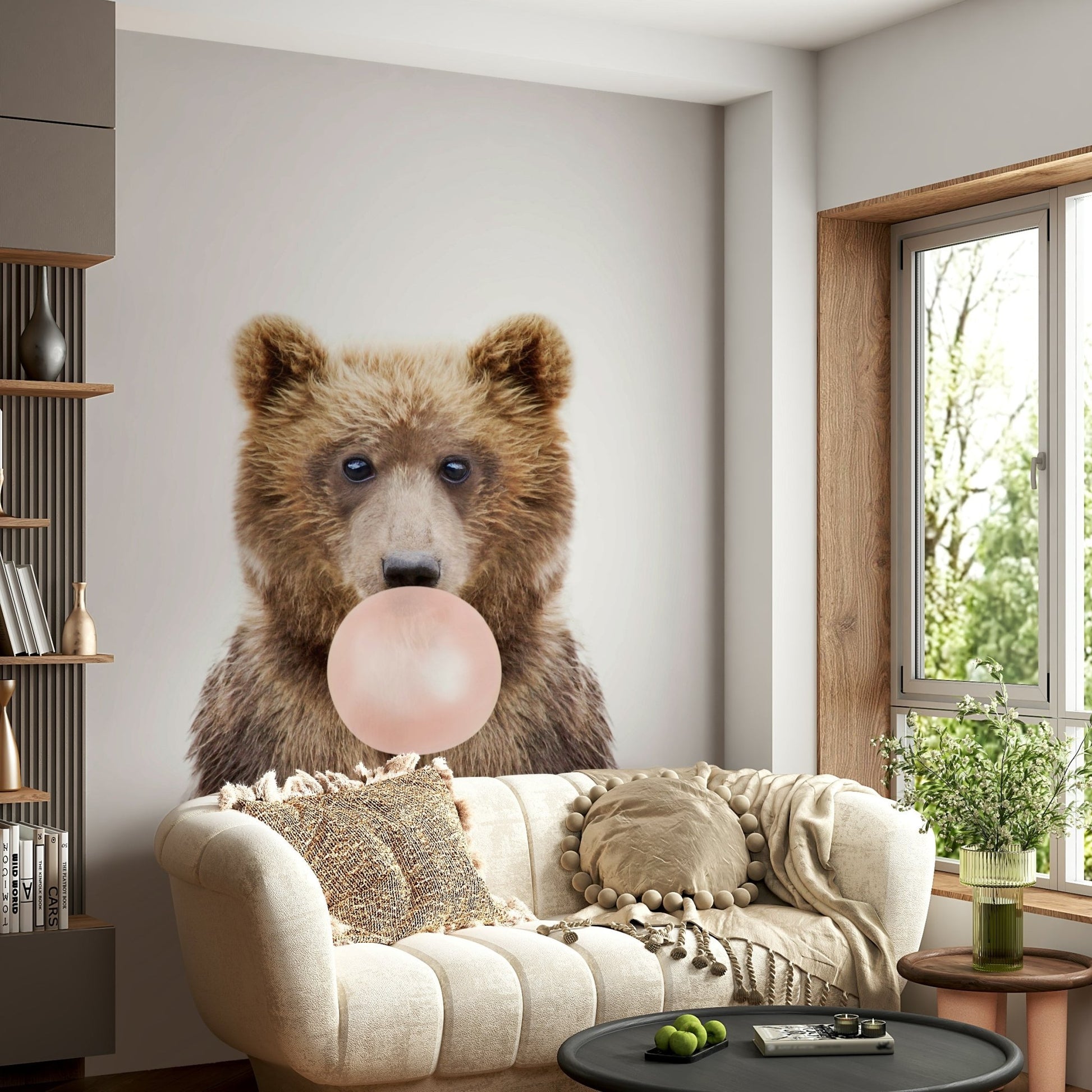 Cheerful Bubble Gum Bear wall mural with pastel-colored bubbles.

