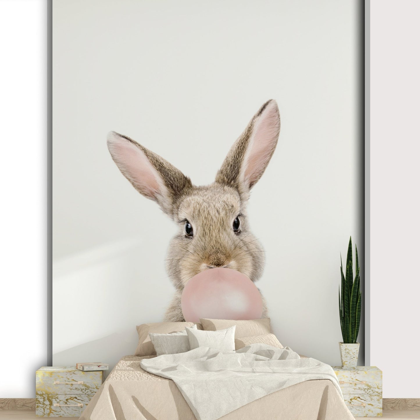 Adorable bunny design with colorful bubbles in Bubble Gum Bunny mural.

