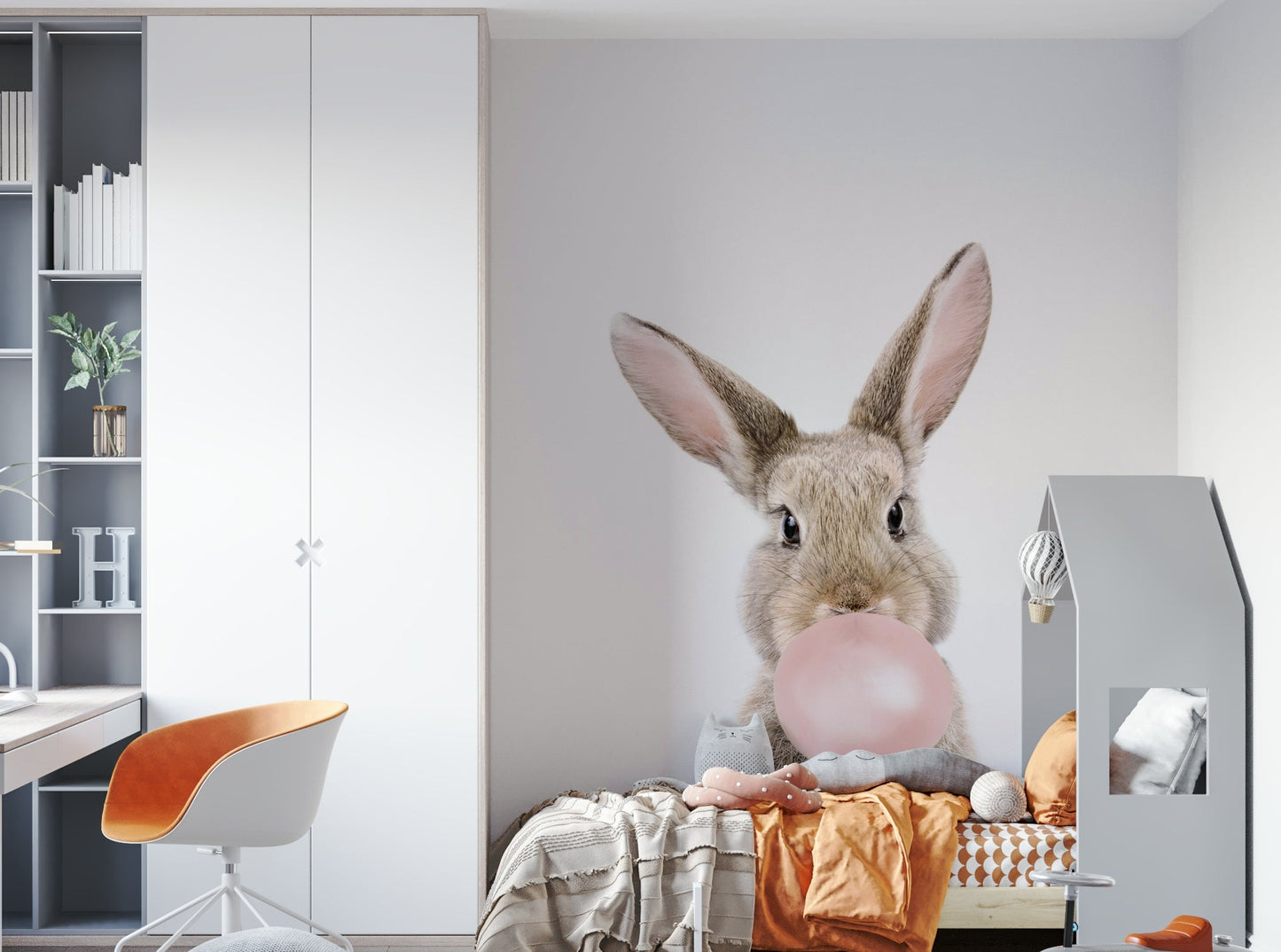 Delightful Bubble Gum Bunny wall mural with pastel-colored bubbles.

