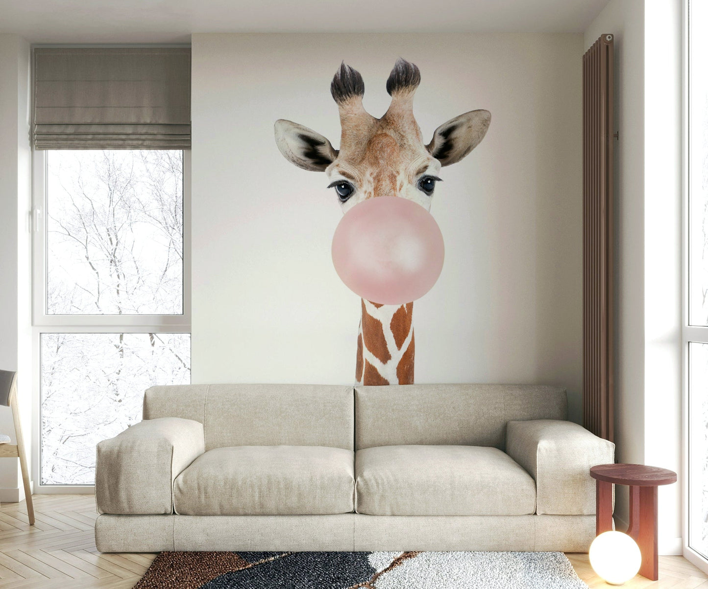Colorful giraffe wall mural with a fun, light-hearted vibe.

