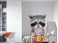 Cute bubble gum raccoon mural for nursery walls