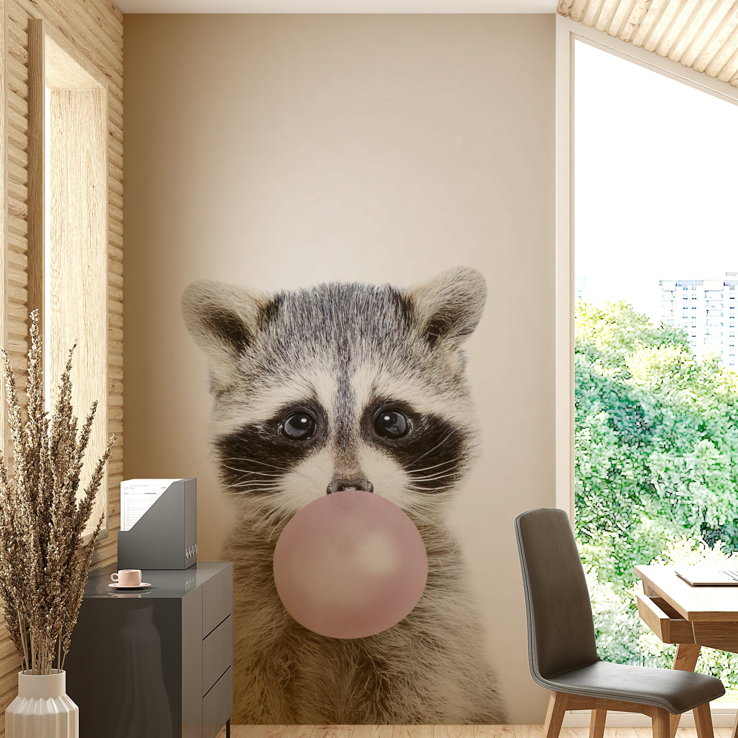 Whimsical bubble gum raccoon mural for playful spaces