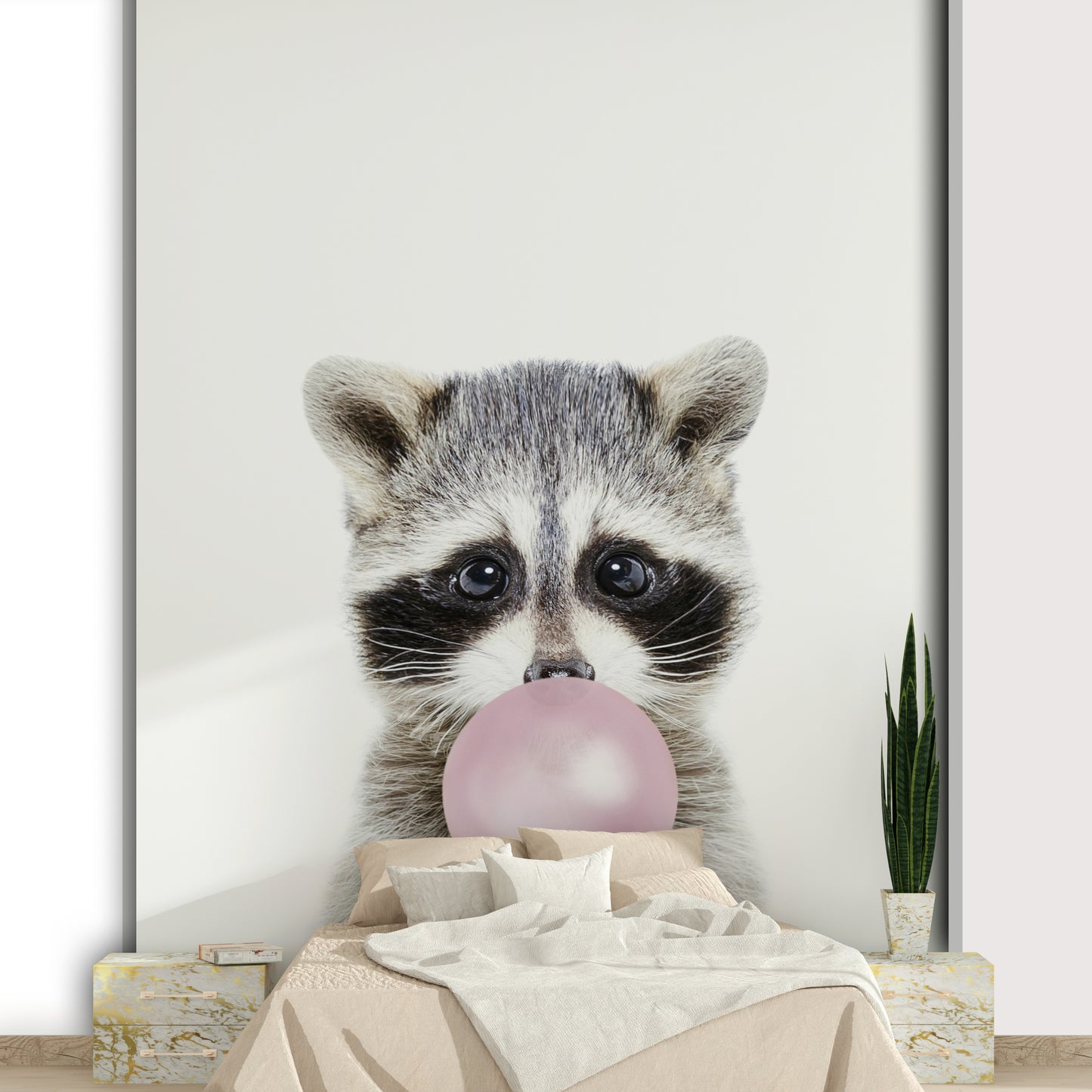 Fun bubble gum raccoon wallpaper mural for kids' rooms