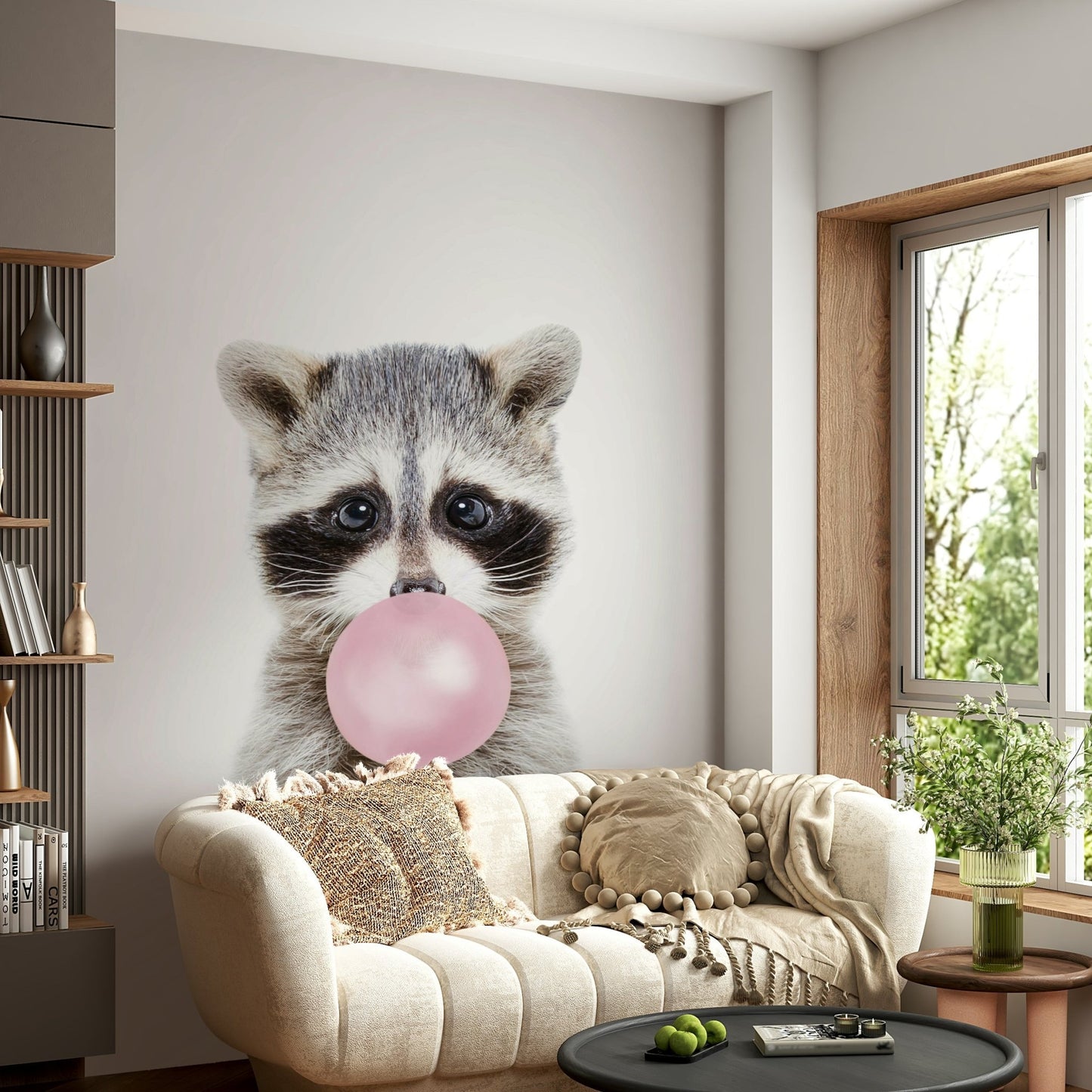 Bubble gum raccoon mural for a fun, cheerful room vibe.

