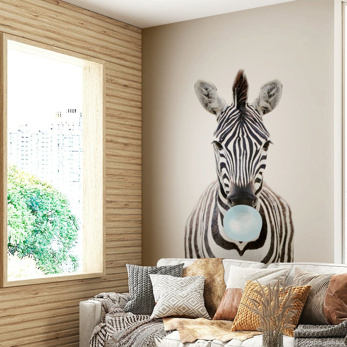 Bubble Gum Zebra Wall Mural with vibrant colors and fun design.


