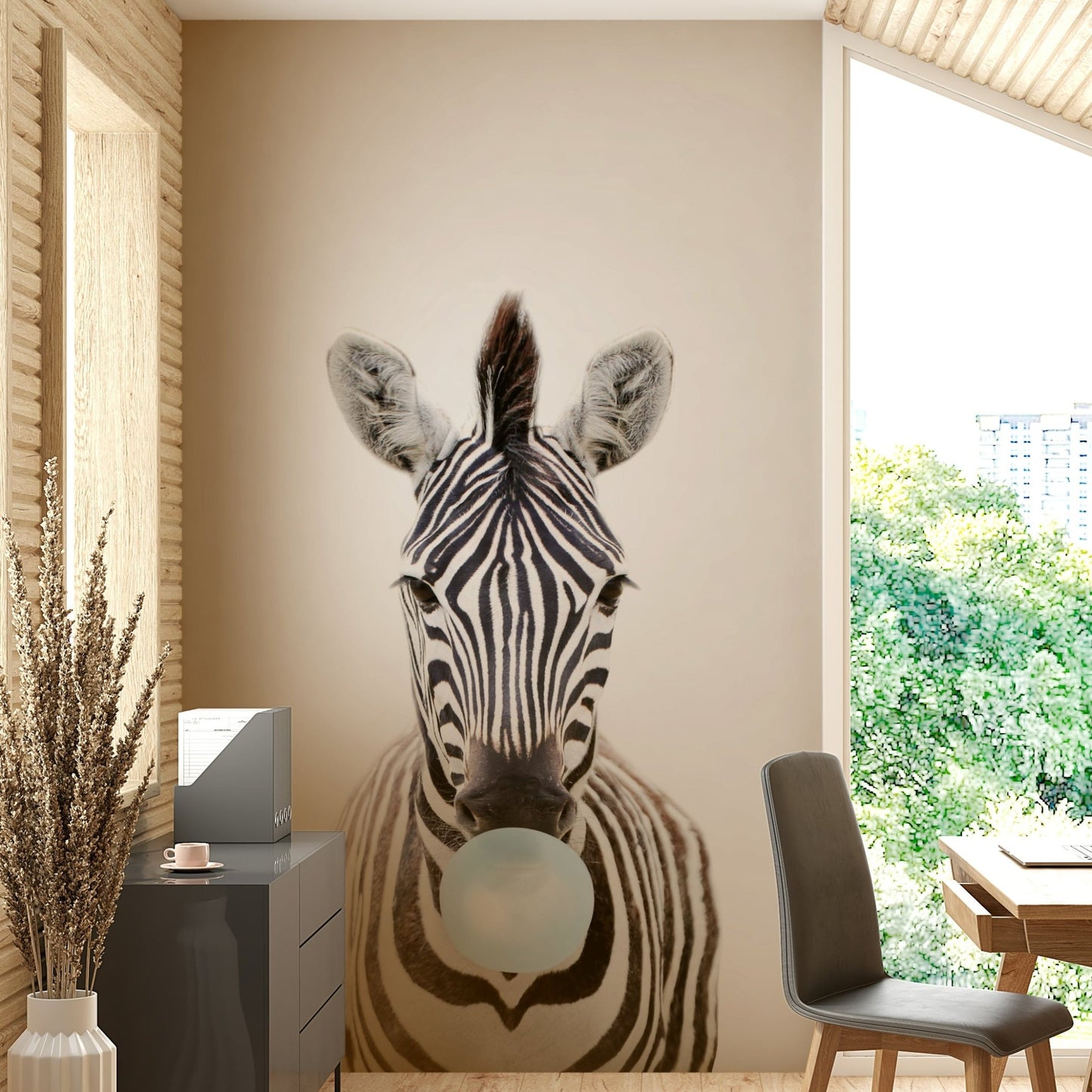 Vibrant bubble gum zebra mural for a lively, cheerful room.


