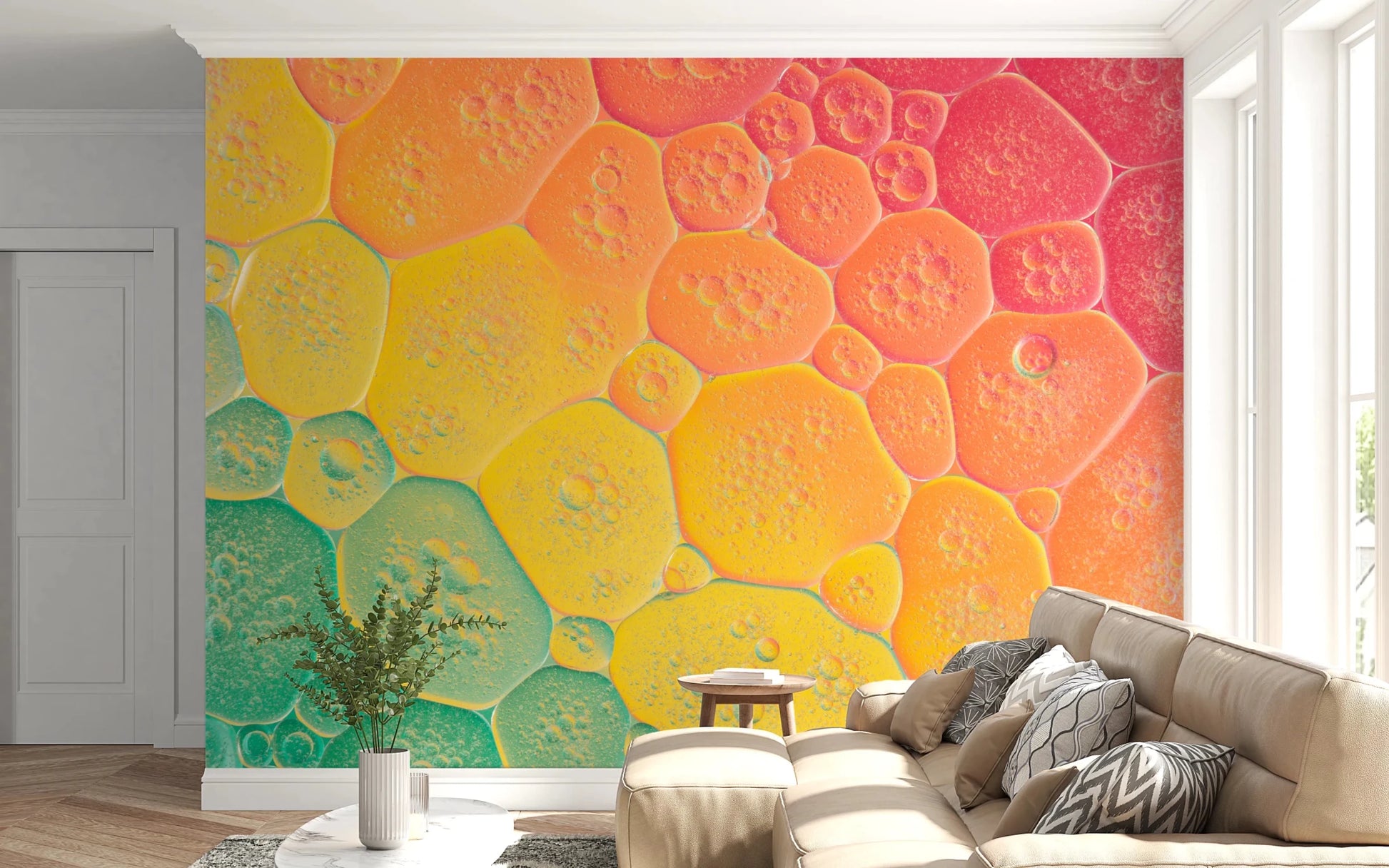 Close-up view of a Bubble Kaleidoscope Wall Mural with a modern gradient design.