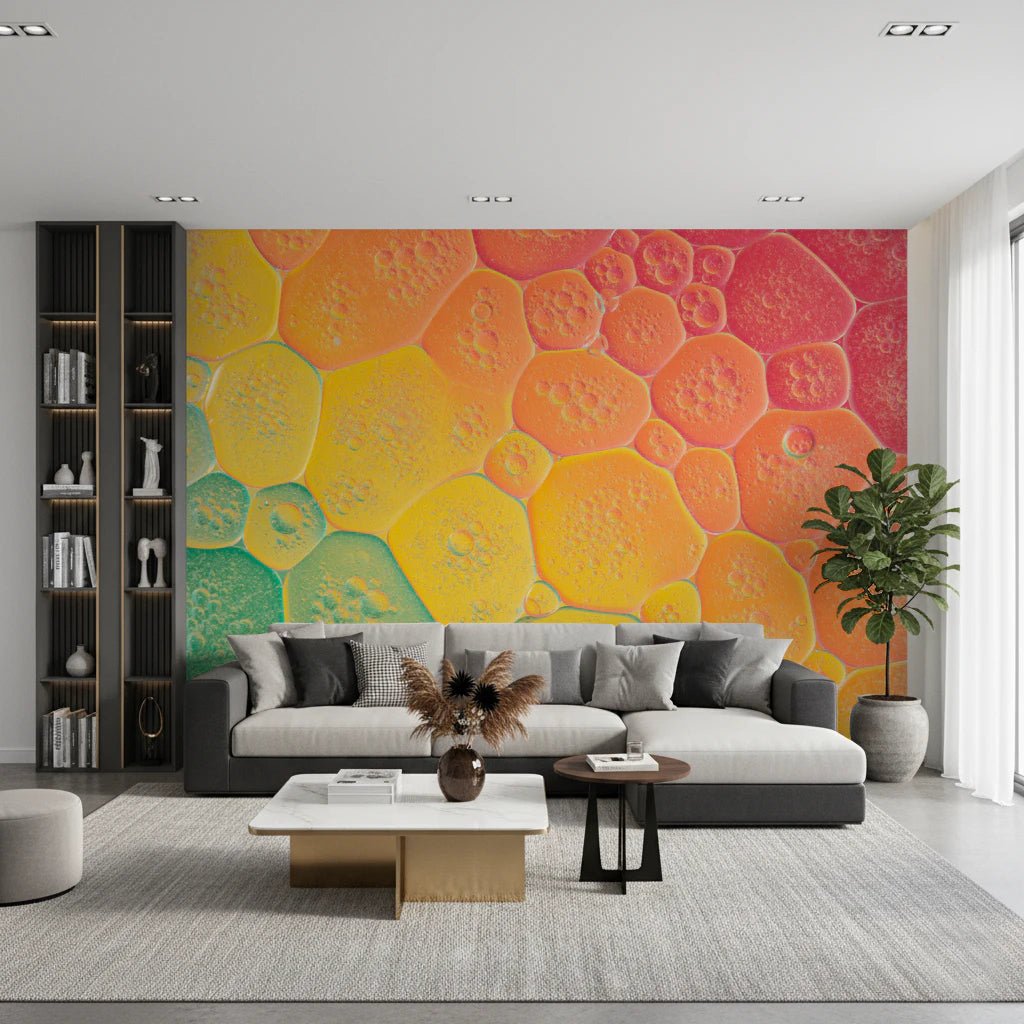 Smooth texture Bubble Kaleidoscope Wall Mural for living room in warm sunset-toned circles.
