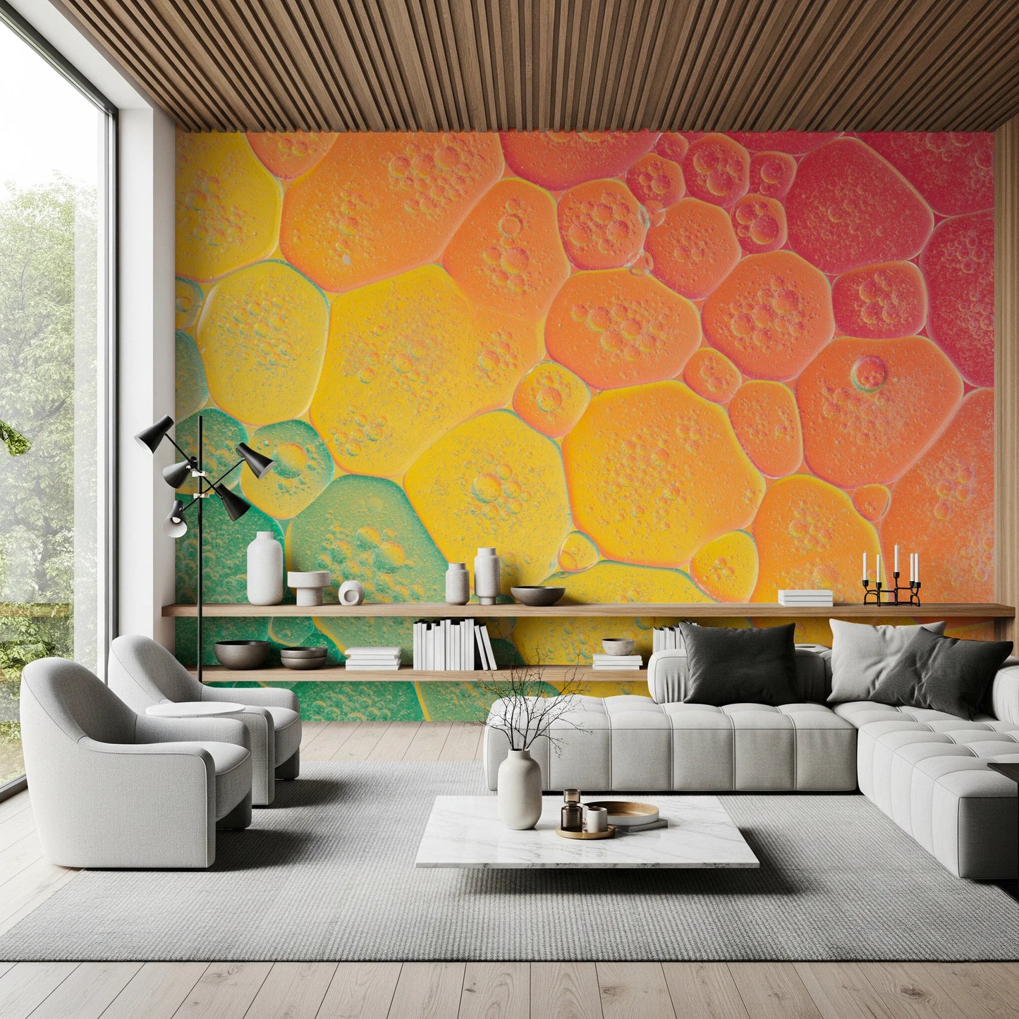Bright abstract Bubble Kaleidoscope Wall Mural for hallway with overlapping circle graphics.