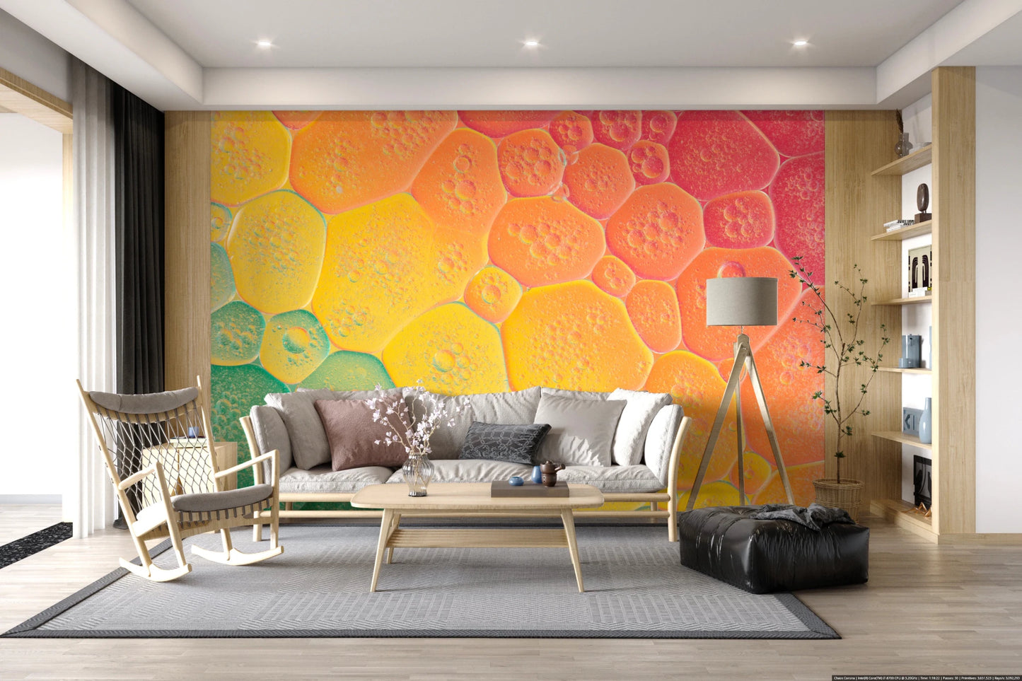 Bubble Kaleidoscope Wall Mural featuring green and gold fluid oil drop patterns.