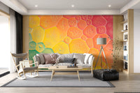 Bubble Kaleidoscope Wall Mural featuring green and gold fluid oil drop patterns.