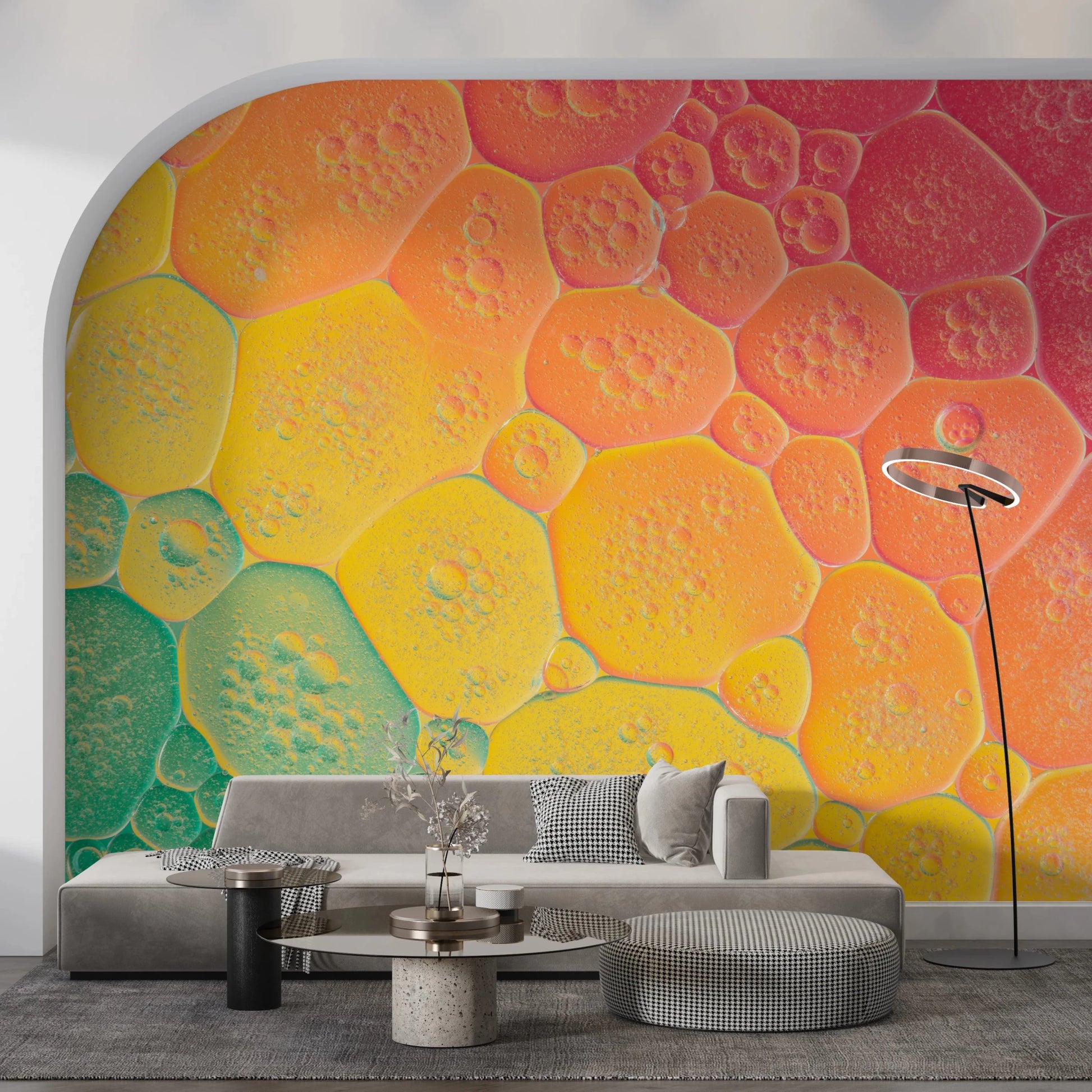 Artistic Bubble Kaleidoscope Wall Mural displaying a repetitive bubble motif for office.