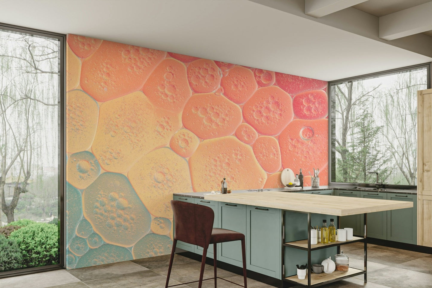 Close-up abstract mural wallpaper with cell forms.

