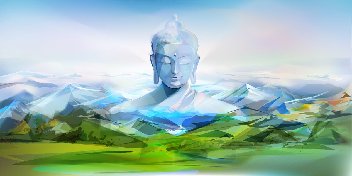 Calming Buddha Mountain Wallpaper Mural in your room — zoomed