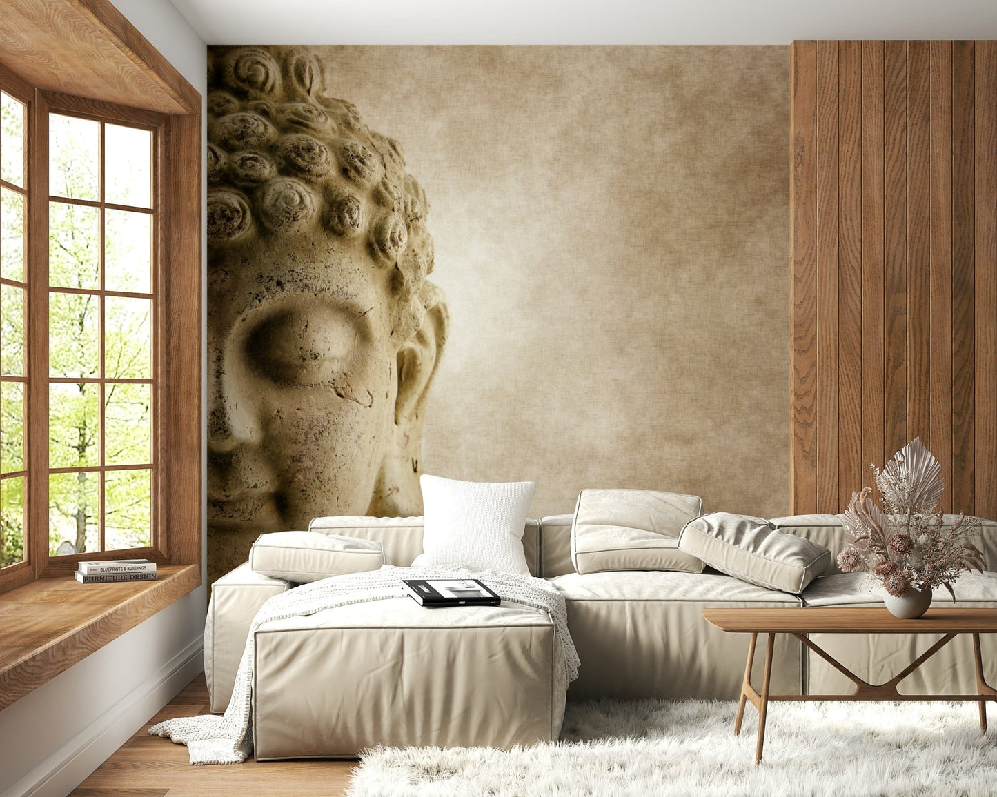 Subtle spiritual wall decor with Buddha art and modern furniture