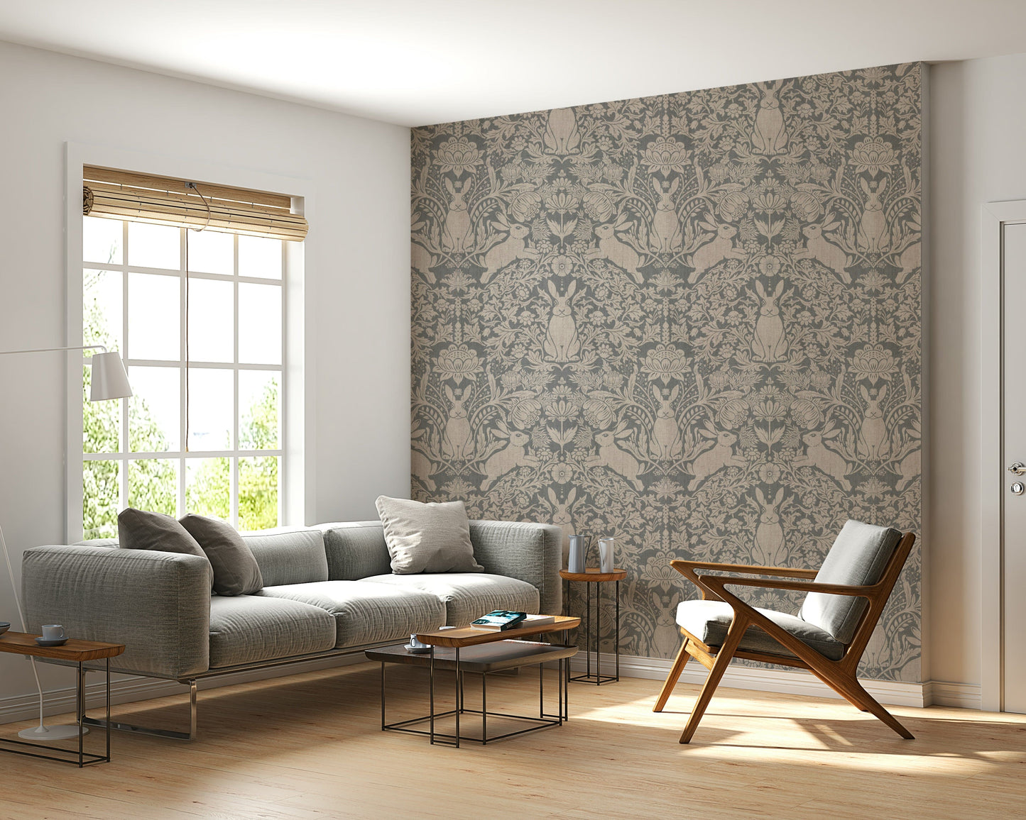 Elegant damask wall mural with bunnies and decorative floral elements.