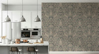 Bunny Bloom Damask Wallpaper — playful woodland rabbits combined with intricate damask motifs.