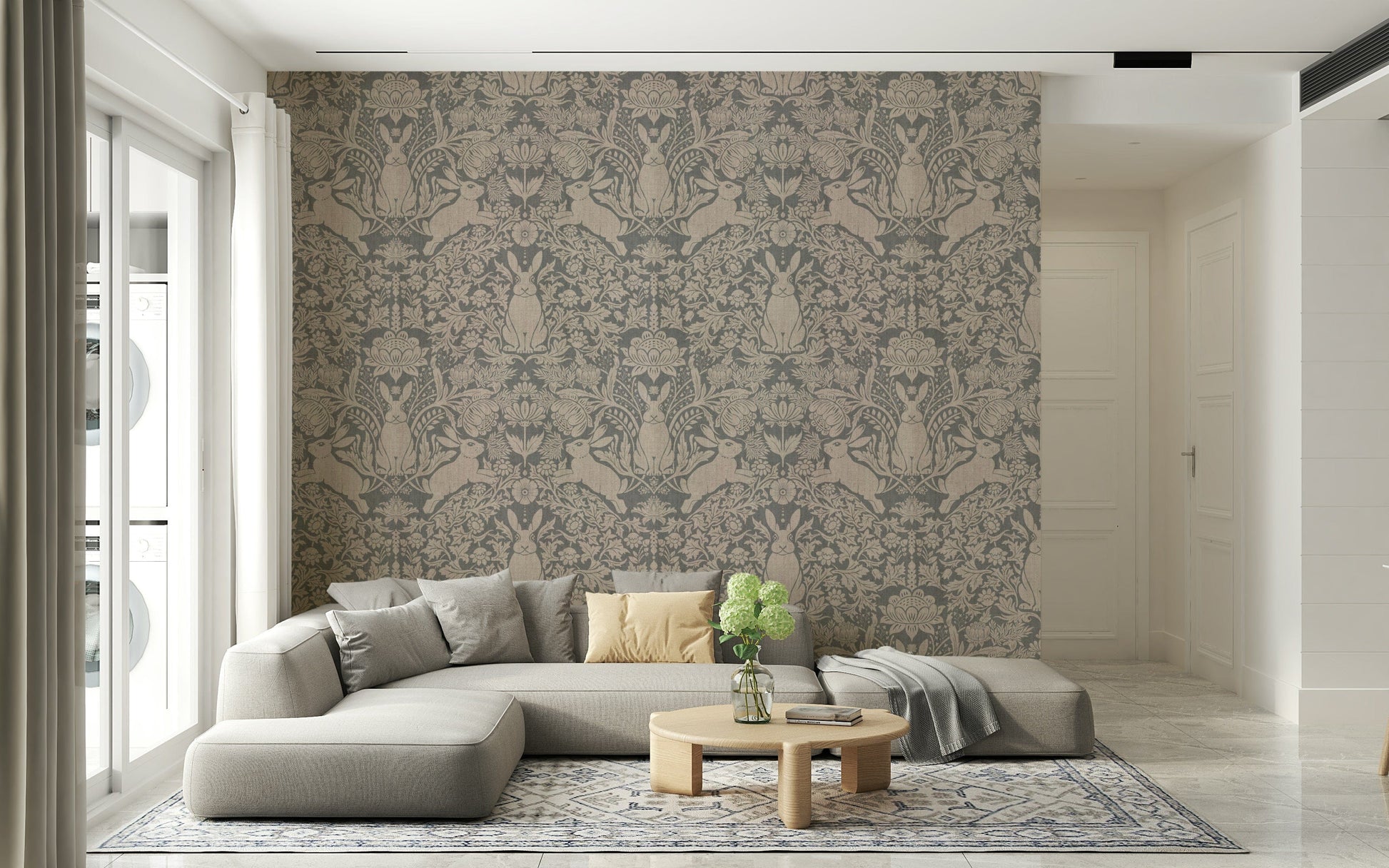 Decorative wall mural with a whimsical bunny integrated into classic damask floral design.