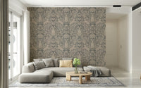 Decorative wall mural with a whimsical bunny integrated into classic damask floral design.