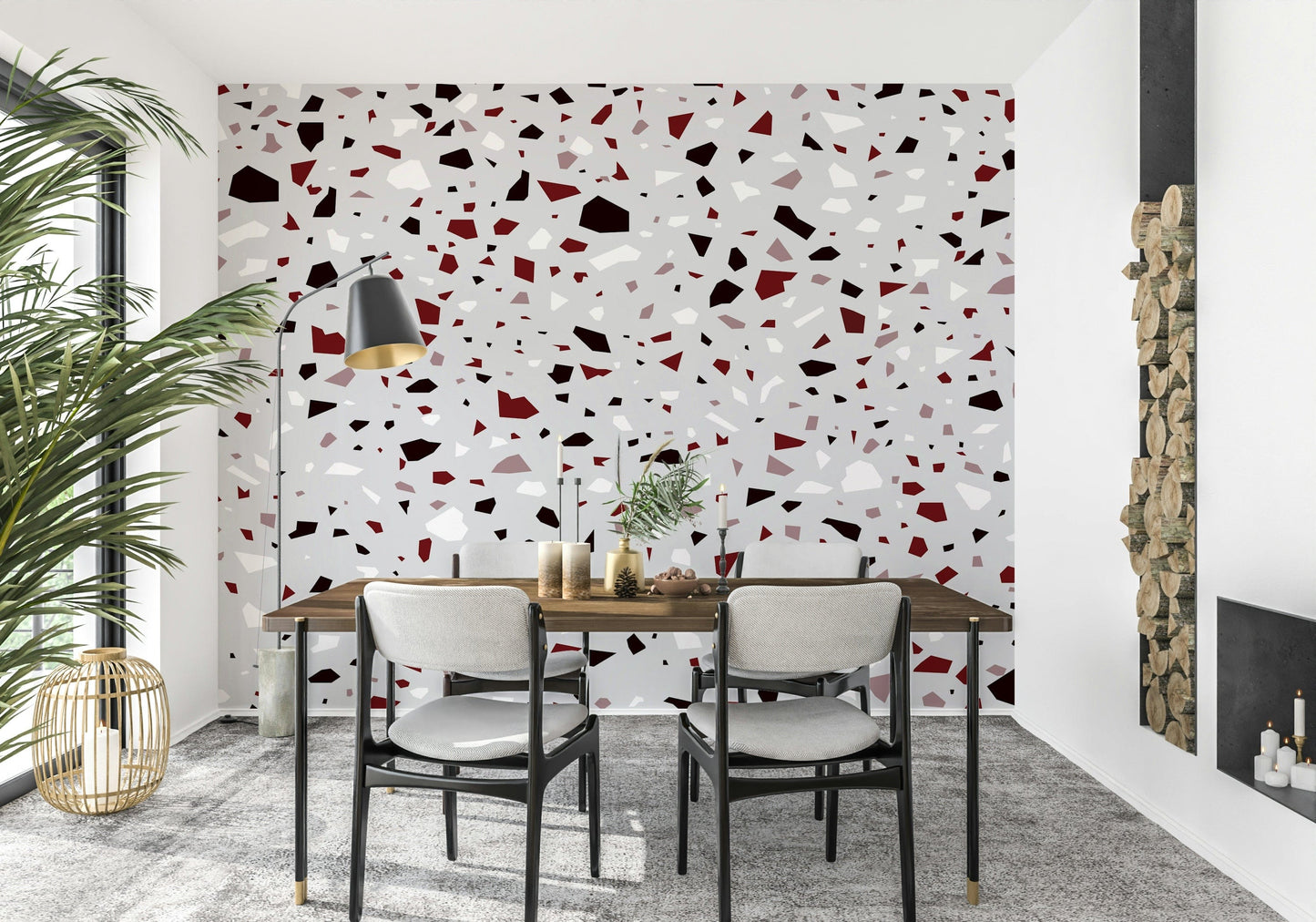 An artistic shattered glass mural on minimalist wallpaper.