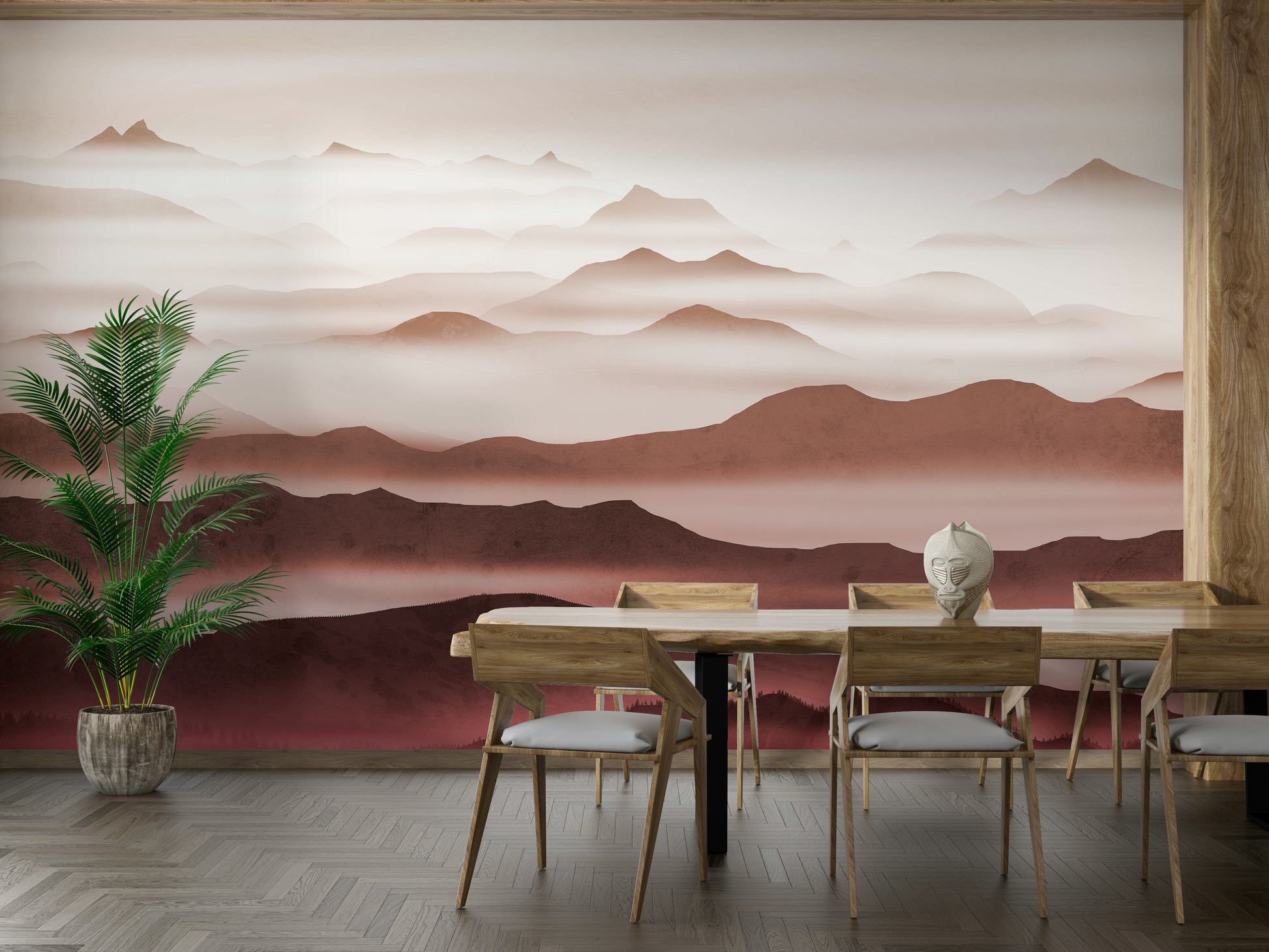 Burgundy Mountain Haze wallpaper of layered rose and cream misty peaks behind a wood dining table and chairs